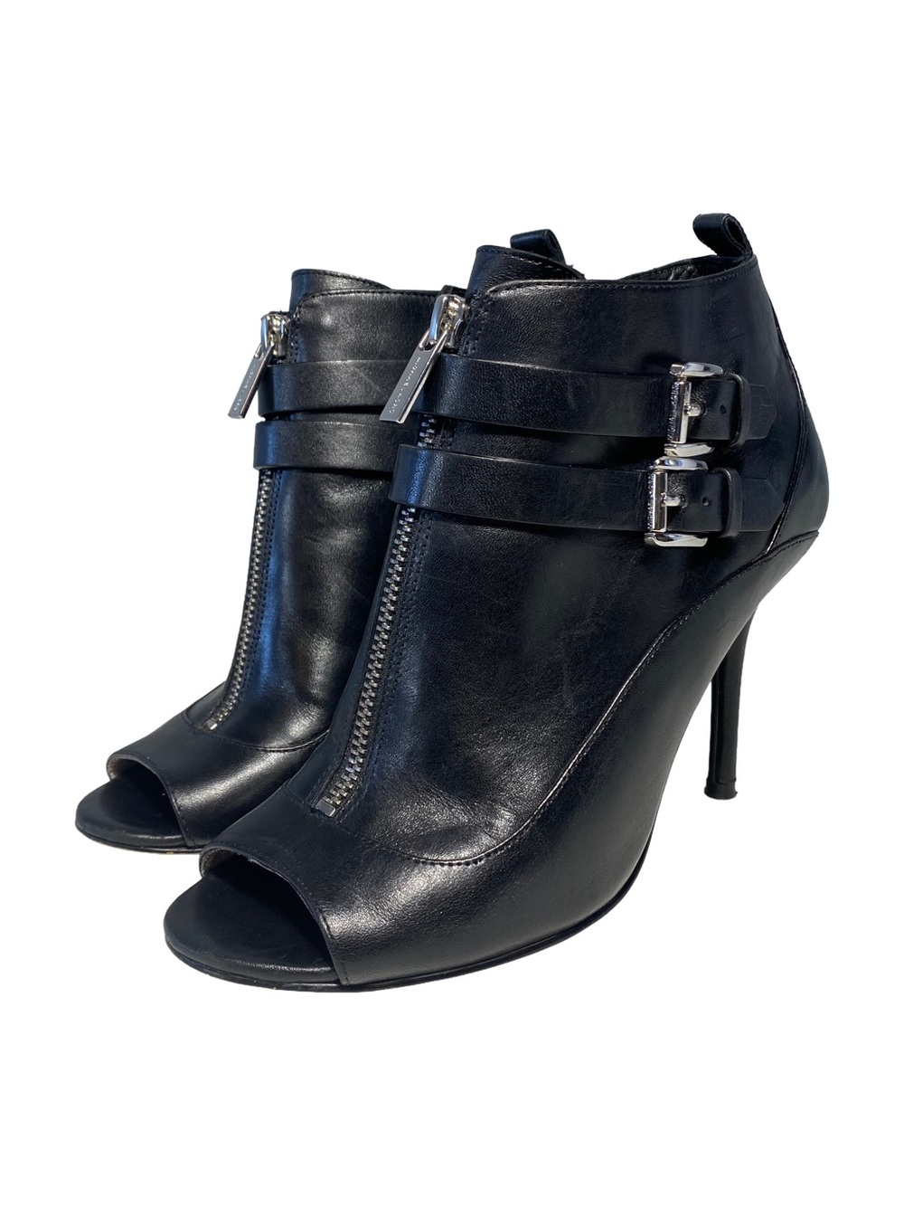 Michael Kors | Black Leather Peep-Toe Ankle Booties Front Zip & Buckle Details